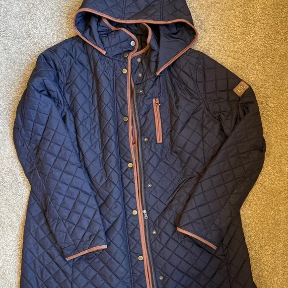 Quilted Jacket by Ralph Lauren. removable Hood, faux suede trim, & kick pleat - Picture 1 of 5